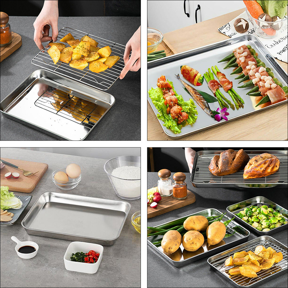 Kitchen Baking Tray Set - 2セット ステンレス製収納トレイ 滑り止め排水ラックセット 多目的キッチンベーキングパン 冷却シート スチーマー