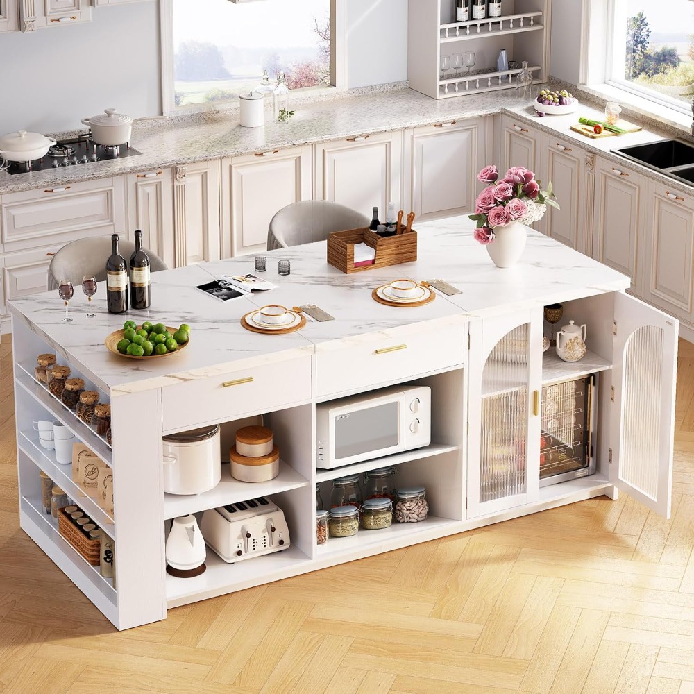 Kitchen Queen - 71フィートの大型キッチンアイランド（収納付き）、ホワイトの人工大理石製アイランドテーブル（4～6人掛け）、固定式アイランド、カスタマイズ可能
