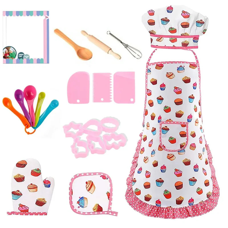Baking Kitchen Set Up - キッチンおもちゃ ベーキングごっこ遊び 料理道具 女の子向けシェフエプロンセット ピンクコスチューム 知育ドレスアップおもちゃ