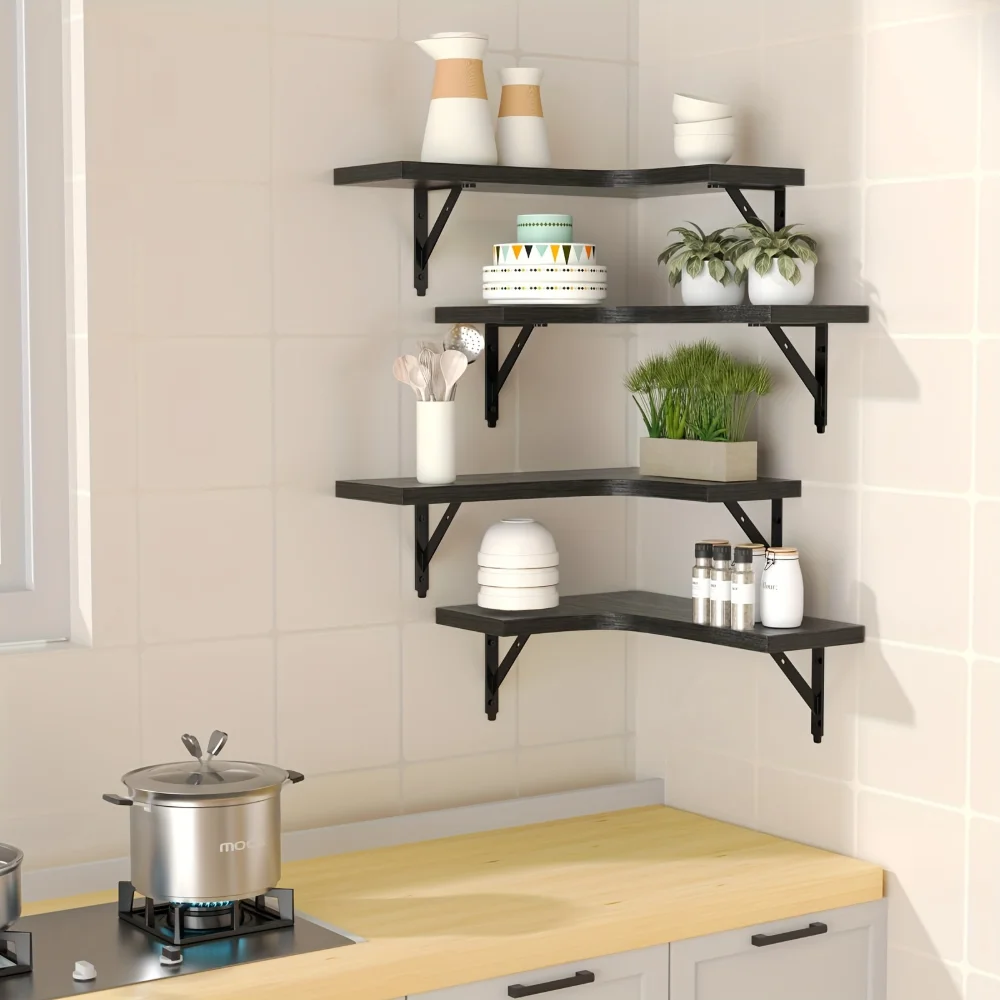天然木目調フローティングシェルフ 壁掛けコーナー収納 モダン - Kitchen Queen のレビューと価格
