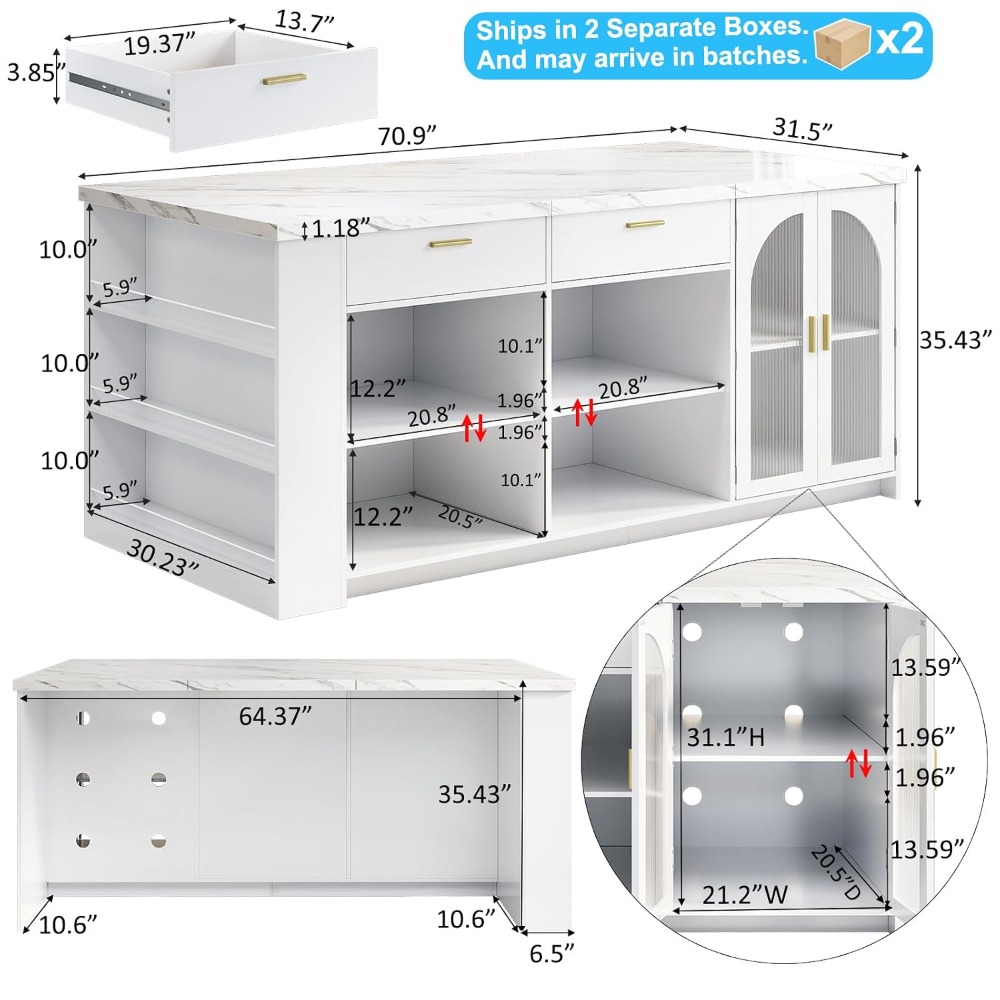 71フィートの大型キッチンアイランド（収納付き）、ホワイトの - Kitchen Queen のレビューと価格